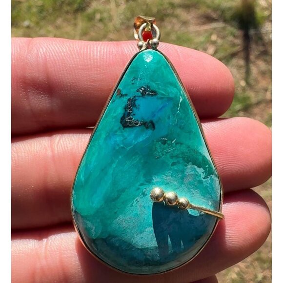 Vintage Estate 14k Yellow Gold Chrysocolla Pendant 8.9 Grams - Picture 1 of 5